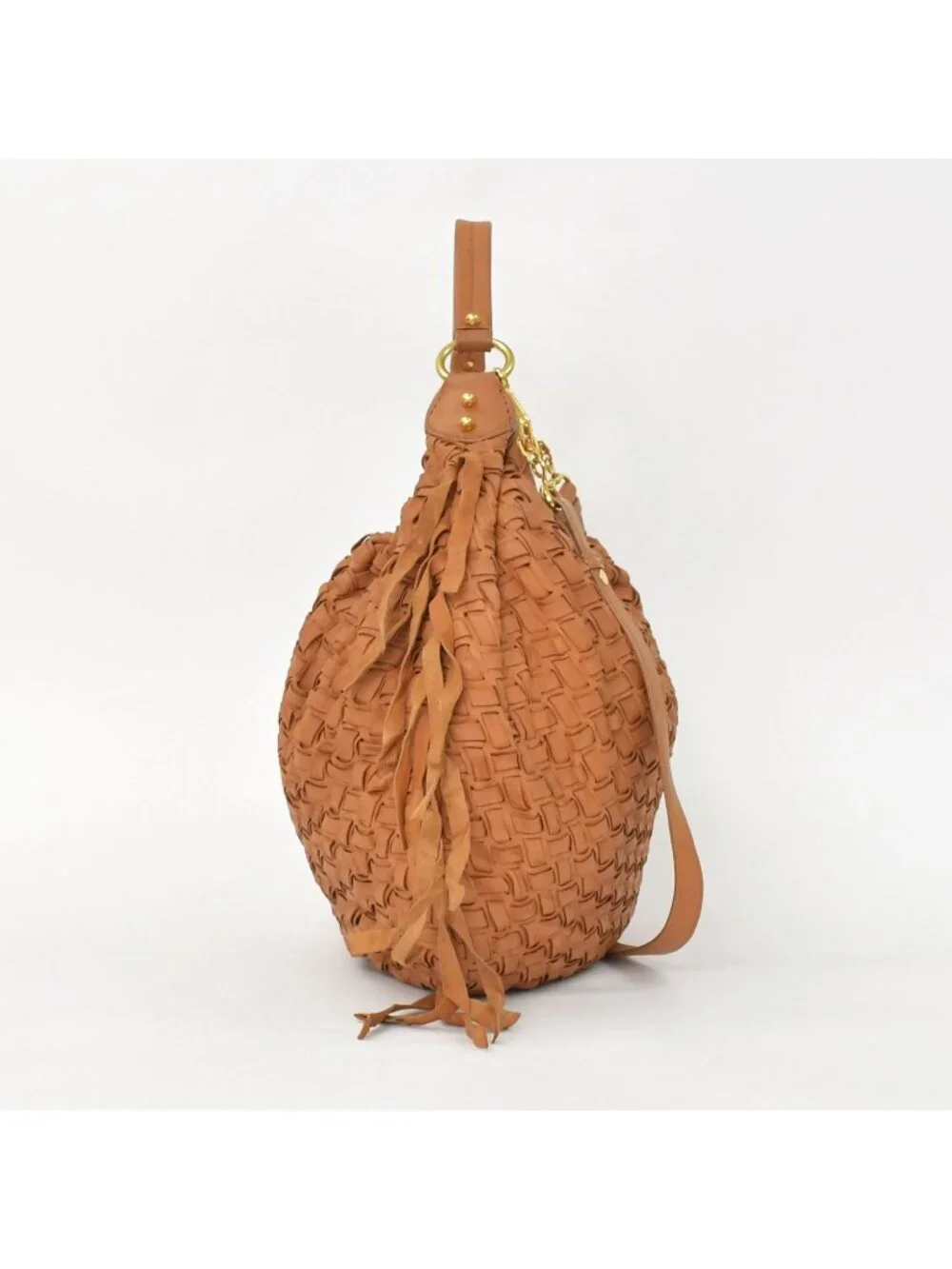 Miu Miu Intrecciato 2-Way Leather Shoulder Fringe Hobo Brown Lambskin Gold